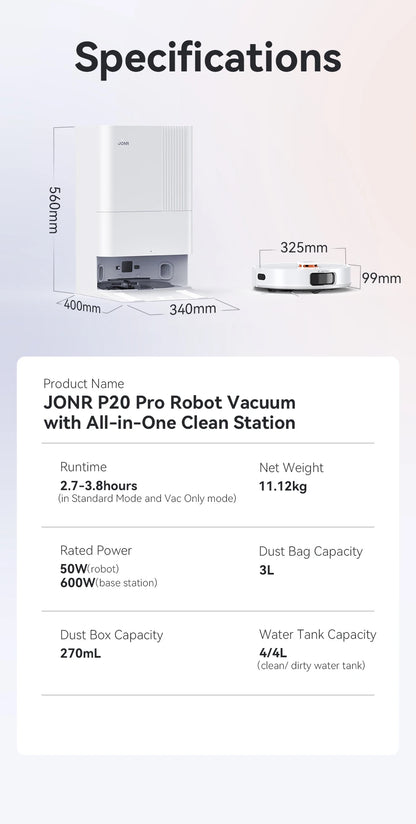 De JONR P20 Pro robotstofzuiger met witte, moderne design en zichtbare borstel, staat klaar bij zijn laadstation. Het apparaat is bedienbaar via de mo