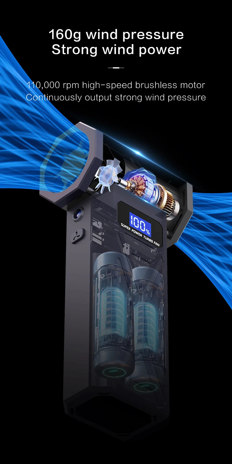 Zwarte draadloze superkrachtige turbo-fan met digitale display, inclusief diverse accessoires voor auto’s en huishoudelijk gebruik, met USB-oplader en