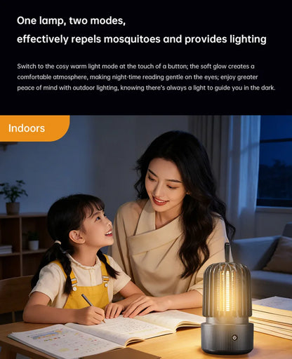 Zwart Xiaomi elektrische muggenkiller met paarse UV-lamp en draadloze hanghaak, ontworpen voor binnen- en buitengebruik. Effectief bij nachtelijke mug