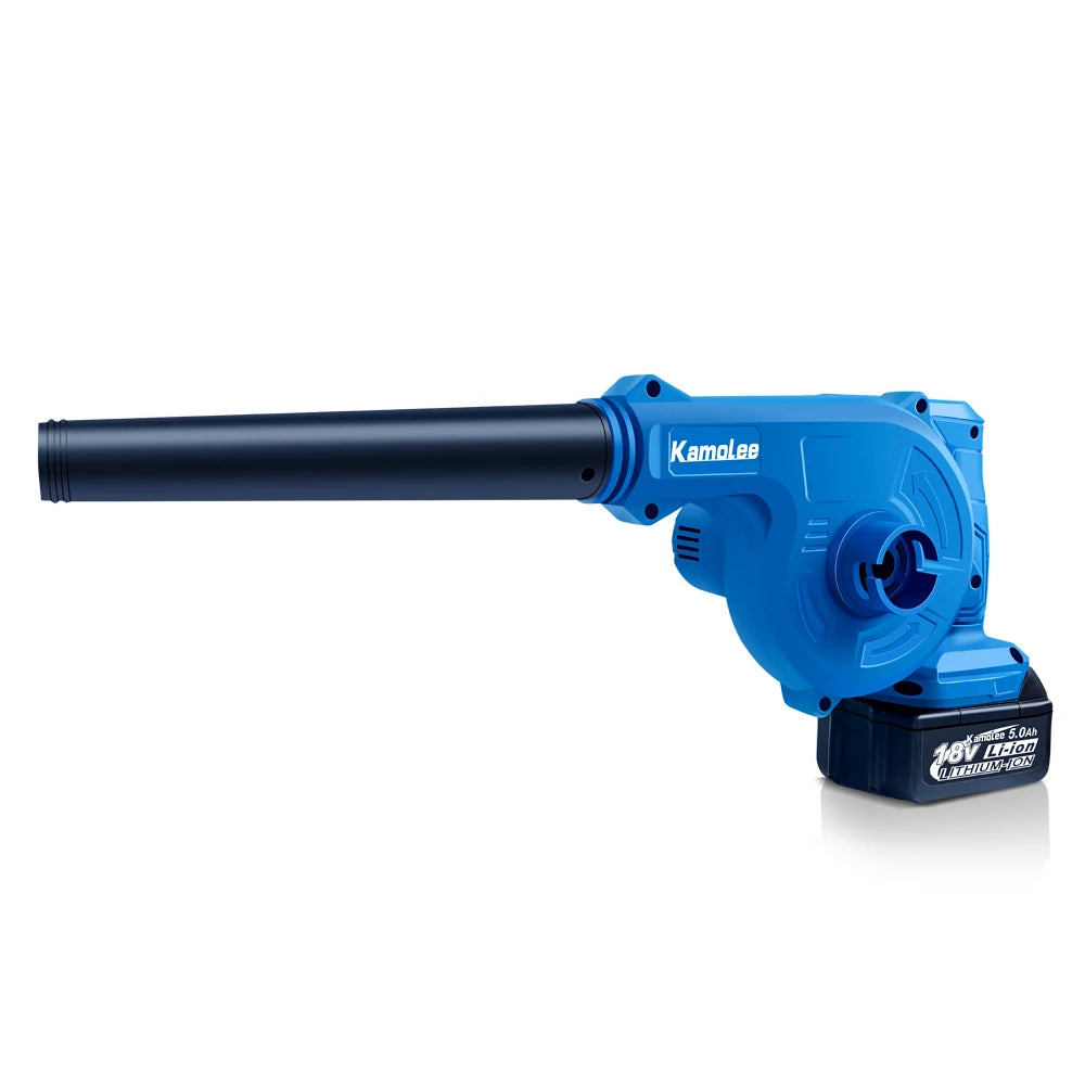 De Kamolee draadloze blower in helderblauw met zwart buisje, voorzien van een 18V lithium-ion accu, is een 2-in-1 blazer en zuiger geschikt voor tuin-