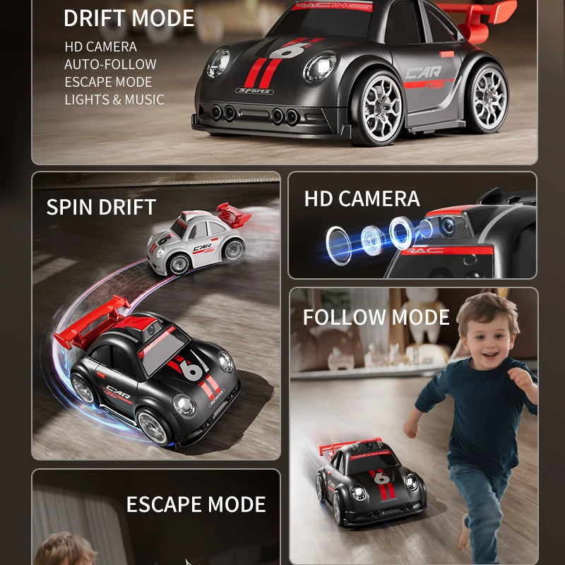 Zwart en witte RC-raceauto’s met HD-camera’s voor live-uitzending, gestuurd via een draadloze controller met scherm. Perfect voor speelgoedraces en ki