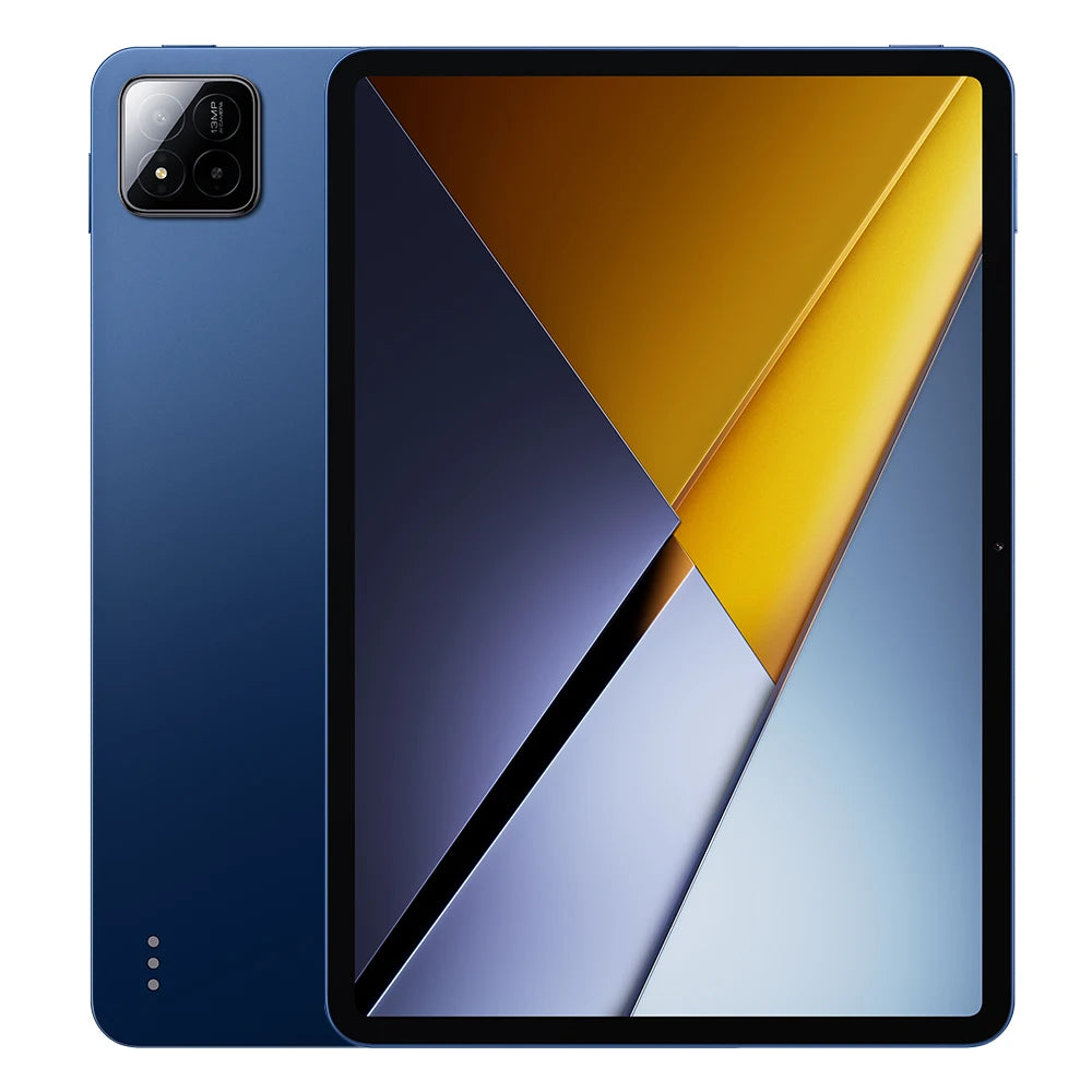 De POCO Pad X1 tablet in donkergrijs met goudkleurige cameraomlijsting, voorzien van een helder scherm met abstracte kleuren. Ideaal voor gaming en mu