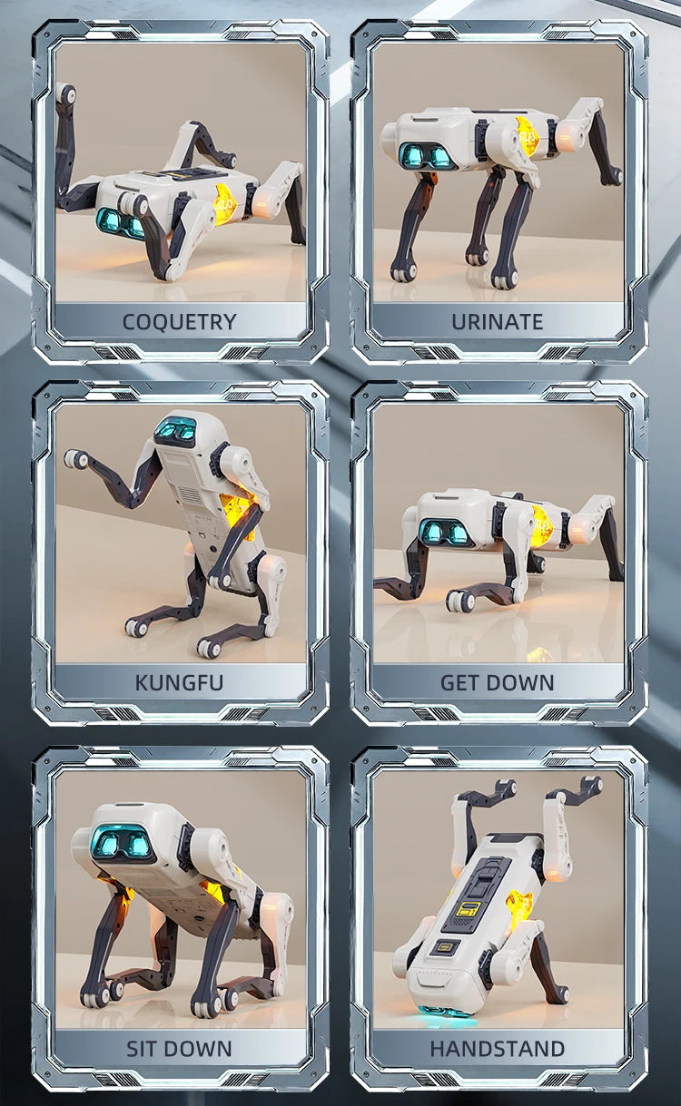 Een witte, futuristische robot hond met blauwe oogleden en een geel logo, staat klaar met zijn beweegbare poten. Hij is uitgerust met een afstandsbedi