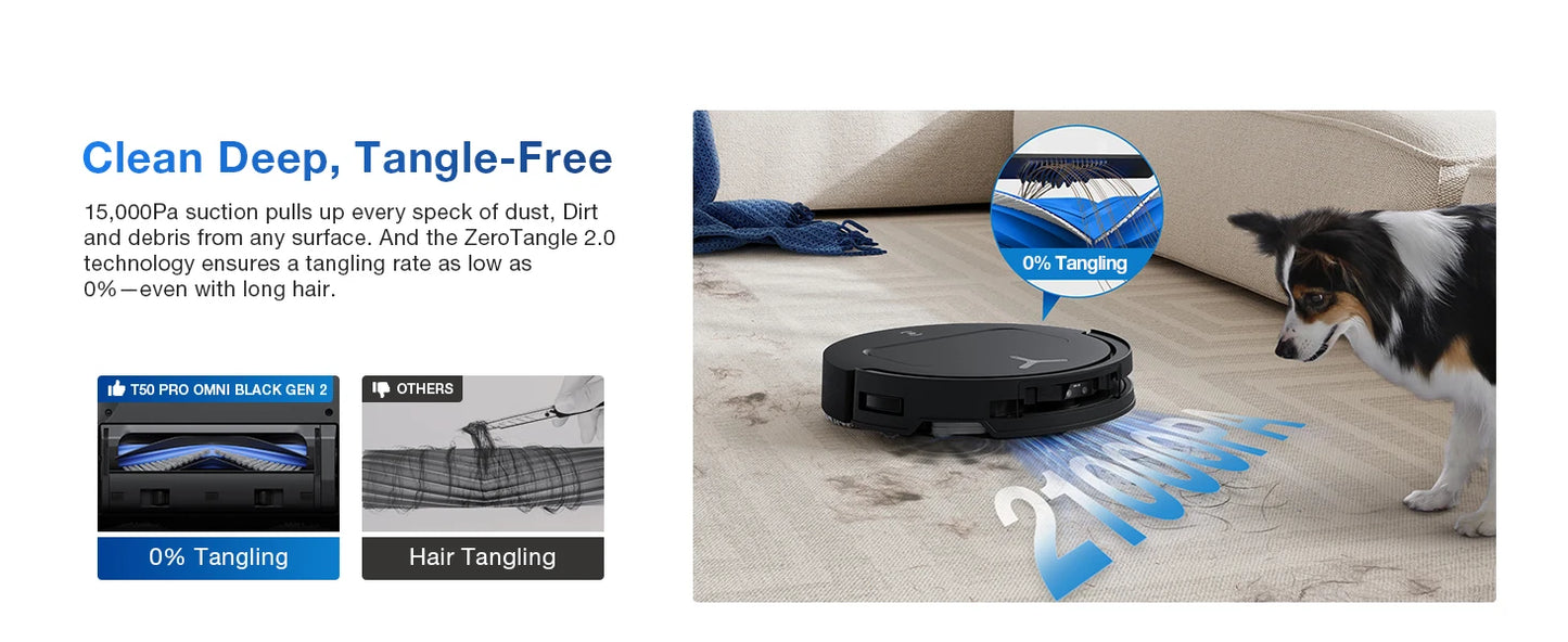 EcoVacs robotstofzuiger met zwart glanzend ontwerp en zichtbare blauwe mop, klaar voor automatische vloerreiniging. Modern design met waterreservoir e