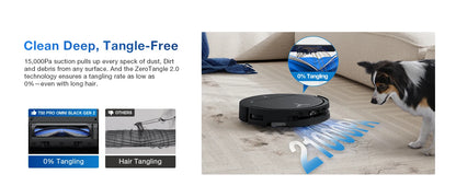 EcoVacs robotstofzuiger met zwart glanzend ontwerp en zichtbare blauwe mop, klaar voor automatische vloerreiniging. Modern design met waterreservoir e