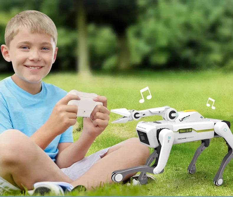 De witte 2.4G RC Smart Dog met groene accenten en zwarte poten, uitgerust met Bluetooth en een afstandsbediening, is een interactief speelgoed voor ki