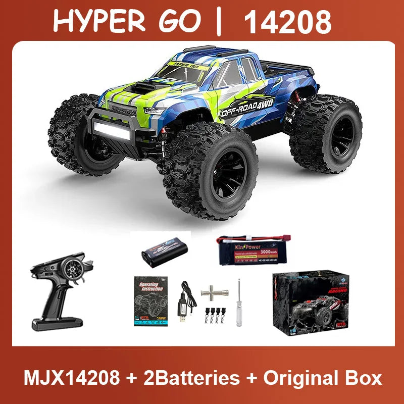Grote, gele en blauwe off-road RC-buggy met zwarte banden en stuurwiel, inclusief zwarte stuurunit. Perfect voor speelplein of tuin, geschikt voor kin