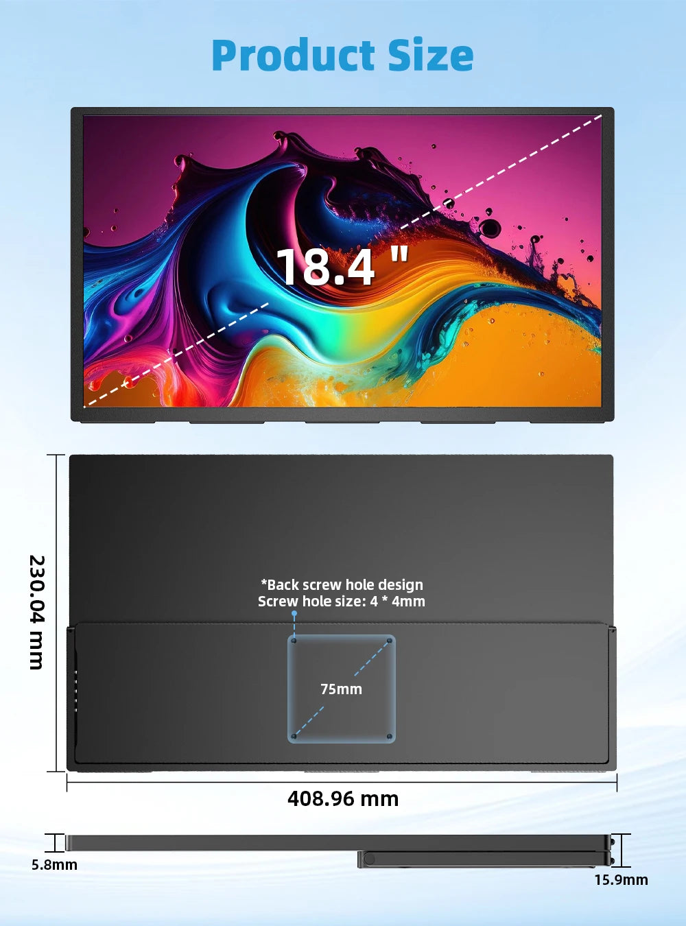 Een 18,4-inch QLED-televisie met 4K-resolutie, kleurrijke schermweergave van een boom, en duidelijke technische specificaties voor gaming en streamen.