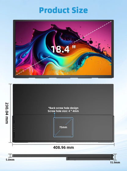 Een 18,4-inch QLED-televisie met 4K-resolutie, kleurrijke schermweergave van een boom, en duidelijke technische specificaties voor gaming en streamen.