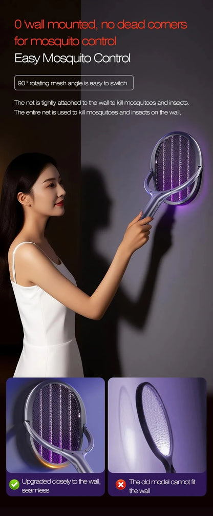 Zilverkleurige, vouwbare insectensteker met paarse UV-verlichting en 180° draaibare mesh, geschikt voor muurmontage en nachtgebruik in slaapkamers of 