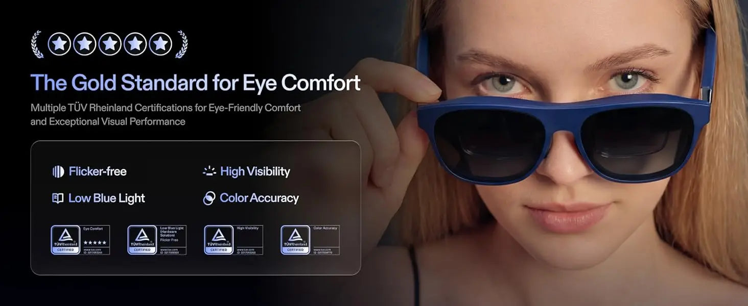 De XREAL 1S AR-bril in donkerblauw met zwart frame, geleverd met oplader, doos en handleiding, geschikt voor mobiele virtuele realiteit en gaming. - F