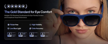 De XREAL 1S AR-bril in donkerblauw met zwart frame, geleverd met oplader, doos en handleiding, geschikt voor mobiele virtuele realiteit en gaming. - F