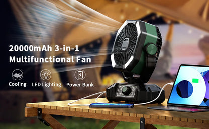 Zwarte en oranje outdoor camping fan met 4 LED-lampjes en draaibare kop, uitgerust met slimme afstandsbediening en 20000mAh batterij voor gebruik op k