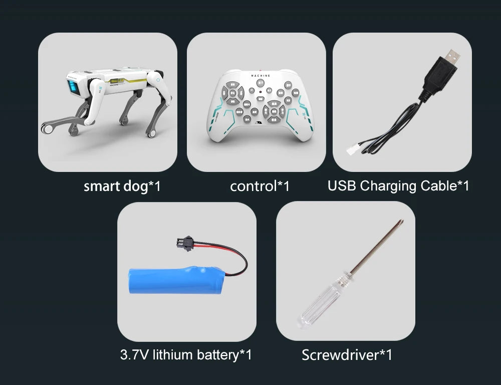 De witte 2.4G RC Smart Dog met groene accenten en zwarte poten, uitgerust met Bluetooth en een afstandsbediening, is een slimme speelgoedhond voor kin