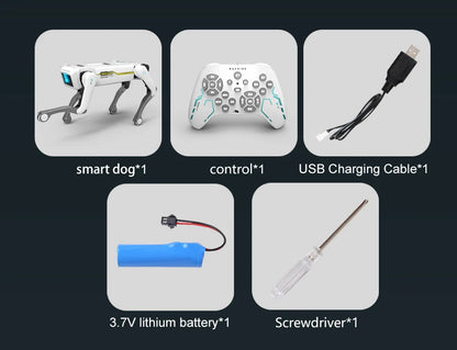 De witte 2.4G RC Smart Dog met groene accenten en zwarte poten, uitgerust met Bluetooth en een afstandsbediening, is een slimme speelgoedhond voor kin