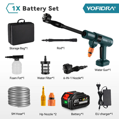 YOFIDRA 200 bar stroomkrachtige waterkanon met 22L vouwbare tank, geschikt voor professioneel en thuis gebruik. Donkergroene motor, zwarte slang en ac