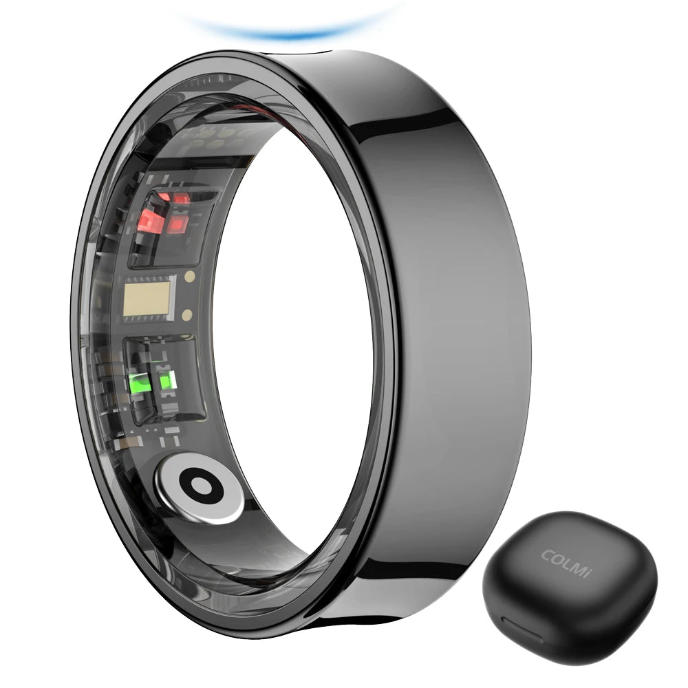 Zwart COLMi slimme ring met glanzend metaal en zichtbare LED’s, geïntegreerd met een compacte oplader. Ideaal voor technologie-geïnteresseerde gebruikers die slimme accessoires voor dagelijks gebruik zoeken. - Foto 7