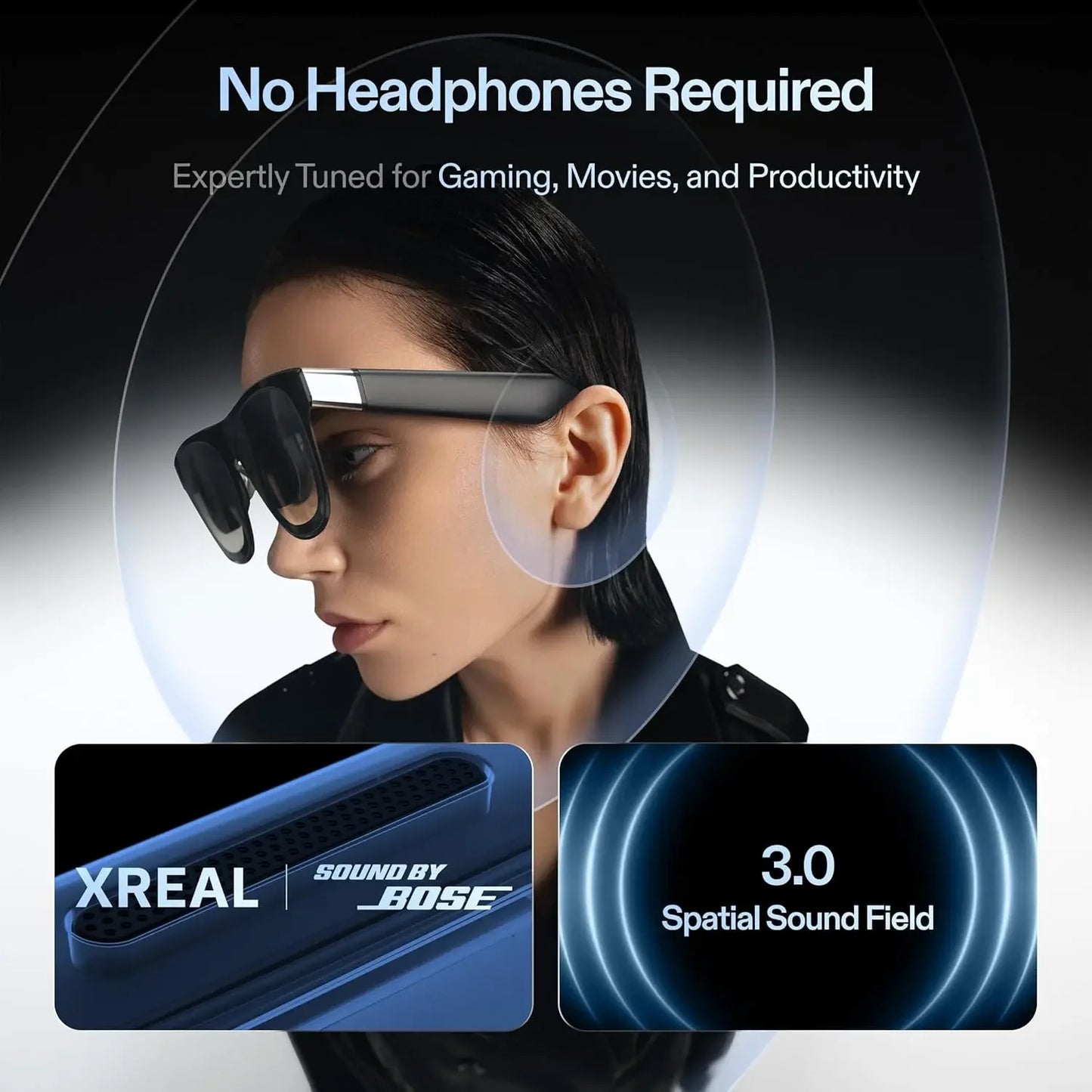 Zwart XREAL One Pro AR-bril met glanzende lenzen en zichtbare merknaam, uitgerust voor virtuele realiteit en mobiele gaming. Geschikt voor immersive e