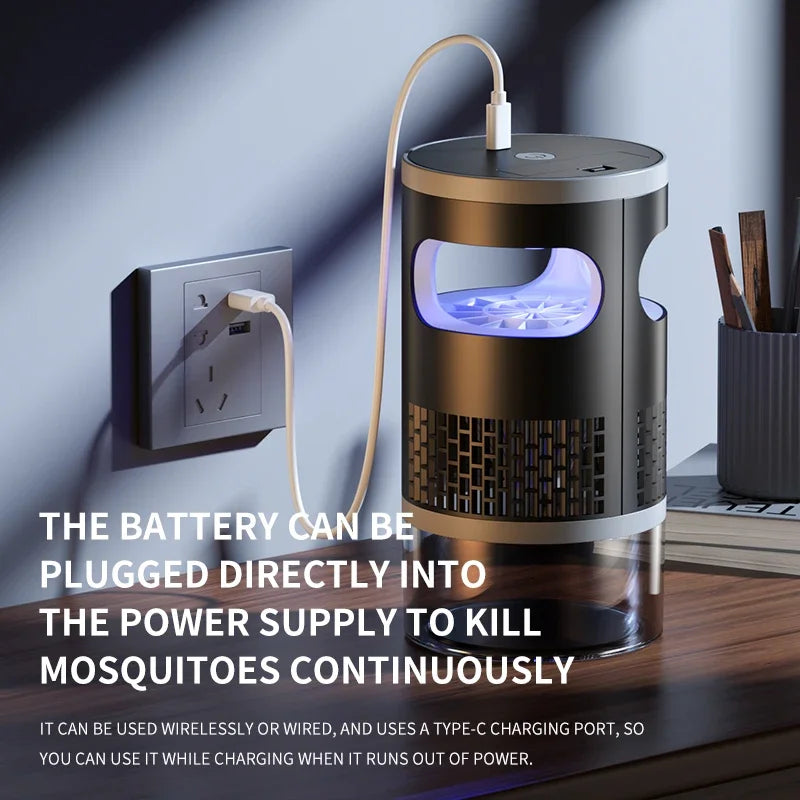 Lenovo Mosquito Killer met blauwe UV-verlichting, zilveren en glazen behuizing, bedoeld voor slaap- en woonruimtes. Effectief bij nacht, geschikt voor