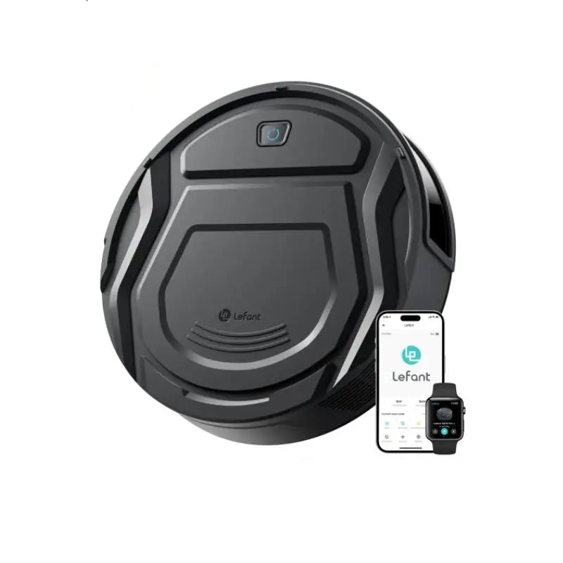 Zwart Lefant M210 Pro+ robotstofzuiger met glanzend oppervlak en blauwe power-indicator, geoptimaliseerd voor slimme huishoudelijke reiniging via smar