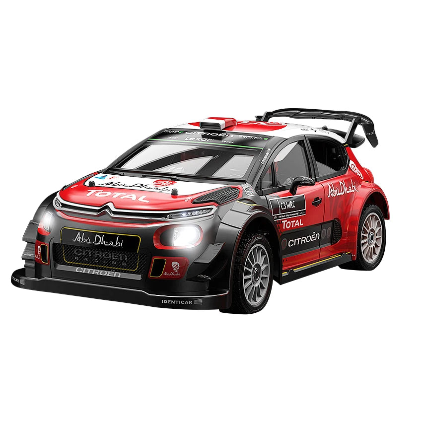 Een blauw-wit Volkswagen Polo rallyauto model in schaal 1:7, met zichtbare details zoals de 'NALES 1' sticker en metalen wielen, geschikt voor racetra