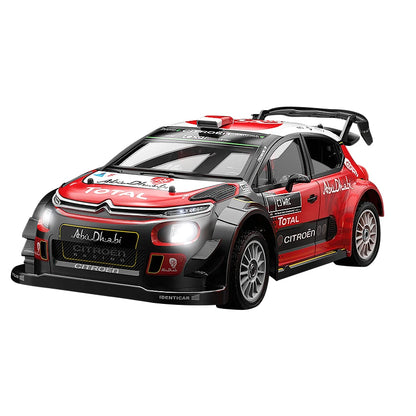 Een blauw-wit Volkswagen Polo rallyauto model in schaal 1:7, met zichtbare details zoals de 'NALES 1' sticker en metalen wielen, geschikt voor racetra