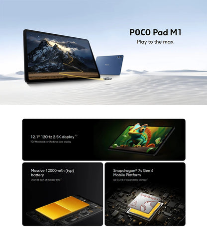 De POCO Pad M1 in donkerblauw met dubbele camera, scherm met abstracte gele en grijze grafiek, geschikt voor gaming en multimedia. Perfect voor gamers