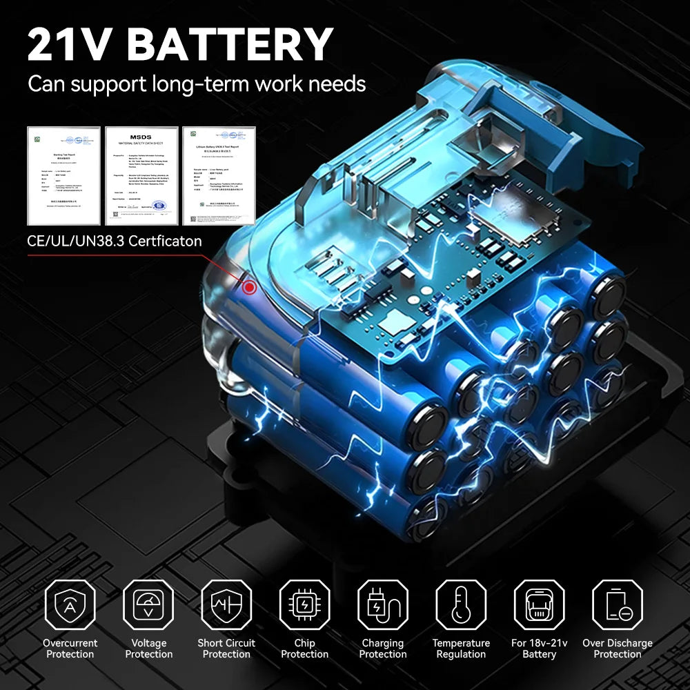 Een Onevan draadloze bladzager met blauw-zwarte kleur en 21V lithium-batterij, uitgerust met een 2kg perskracht en 300.000 RPM, geschikt voor professi