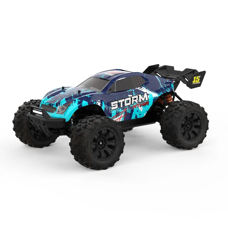 Blauwe JIUSI MT14R 1/14 RC-raceauto met zwarte banden en "STORM" en "THUNDER" opschrift, geschikt voor speelgoedraces en buitenactiviteiten. - Foto 28