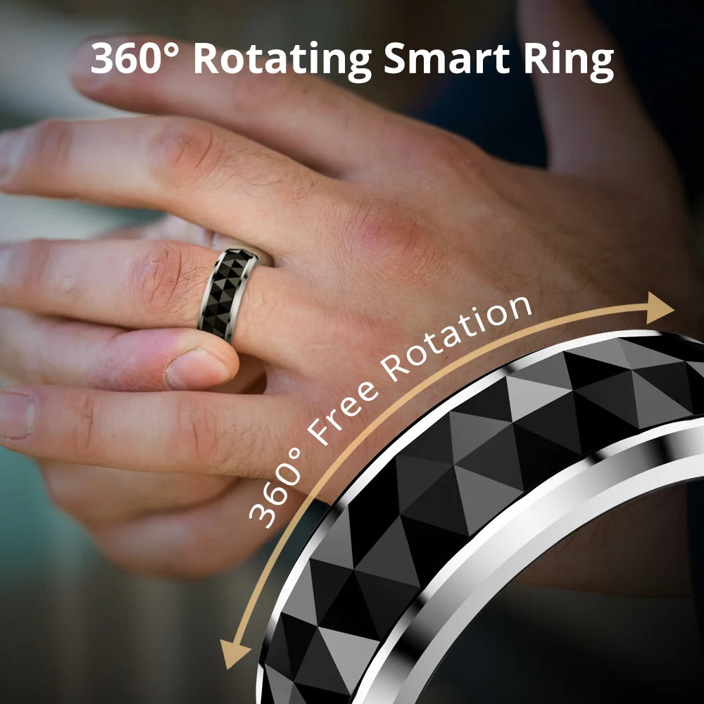 Een COLMi slimme ring met glanzend zilveren rand en facettenstructuur, voorzien van een actieve sensor en groene LED-indicator, geschikt voor dagelijks gebruik en technologische toepassingen. - Foto 2