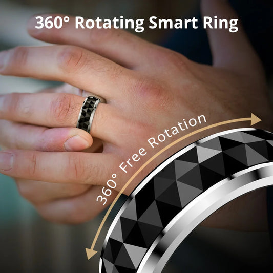 Een COLMi slimme ring met glanzend zilveren rand en facettenstructuur, voorzien van een actieve sensor en groene LED-indicator, geschikt voor dagelijks gebruik en technologische toepassingen. - Foto 2
