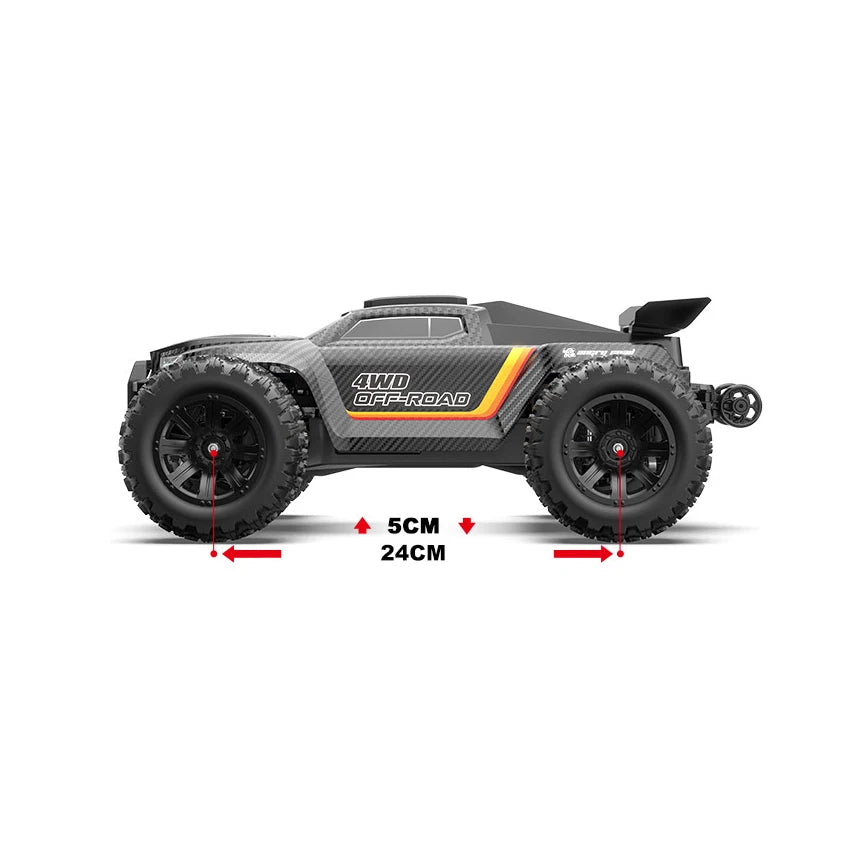 Zwart RC-afstandsbedieningsvoertuig met 4WD, grote terreinbanden en glanzend carrosserie, uitgerust met waterdichte ontvanger en 35200mAh accu, specia