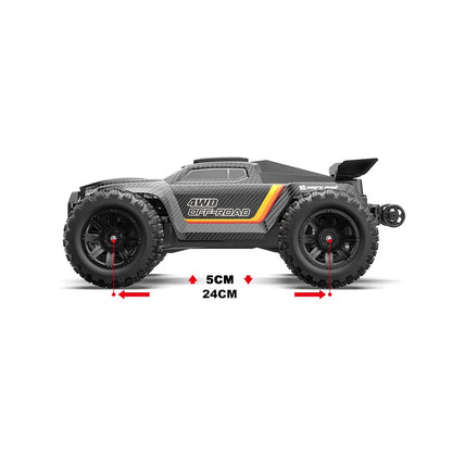 Zwart RC-afstandsbedieningsvoertuig met 4WD, grote terreinbanden en glanzend carrosserie, uitgerust met waterdichte ontvanger en 35200mAh accu, specia
