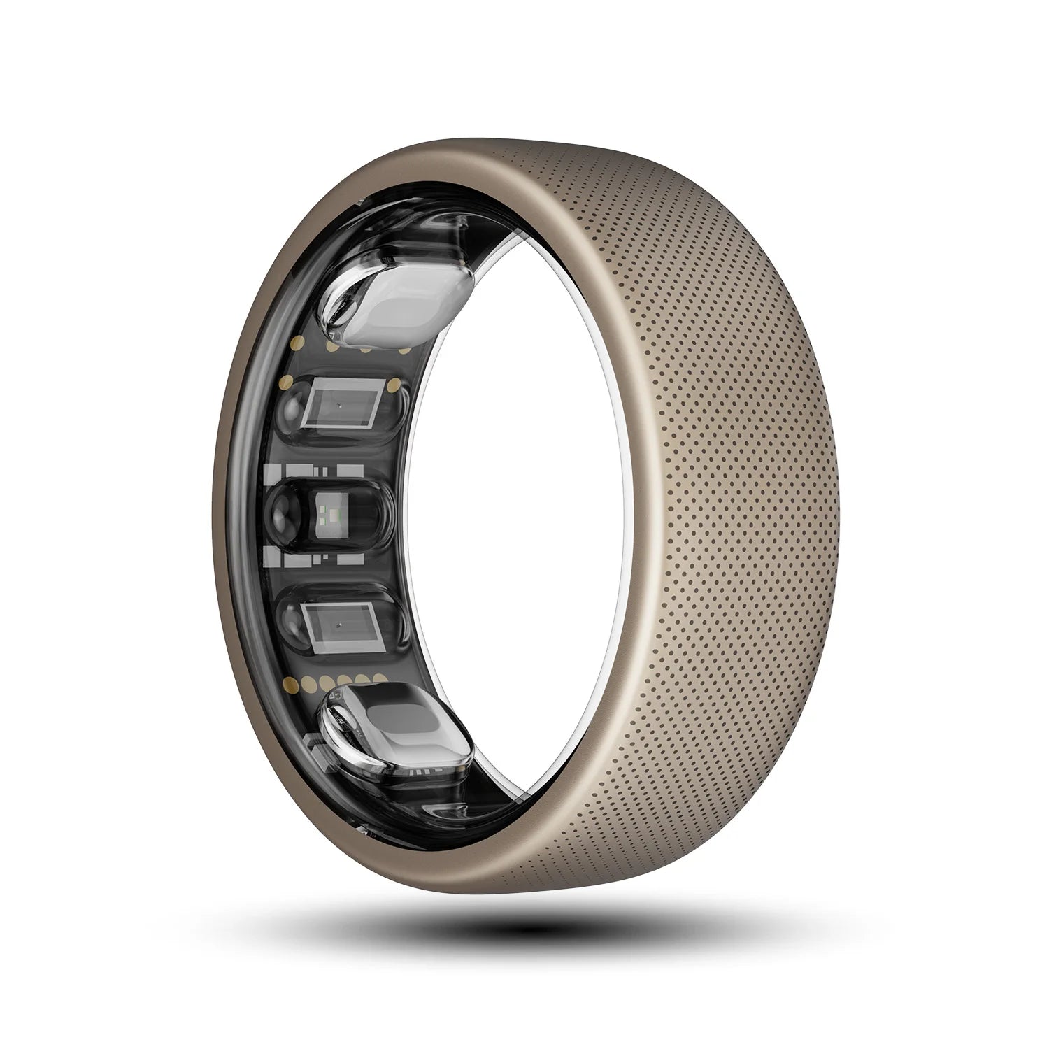 De Amazfit Helio Ring, een goudkleurige, 2,6mm dunne slimme ring met perforaties, toont haar zilveren sensorzijde. Ideaal voor dagelijks gebruik en sport, met waterbestendigheid tot 10 ATM. - Foto 7