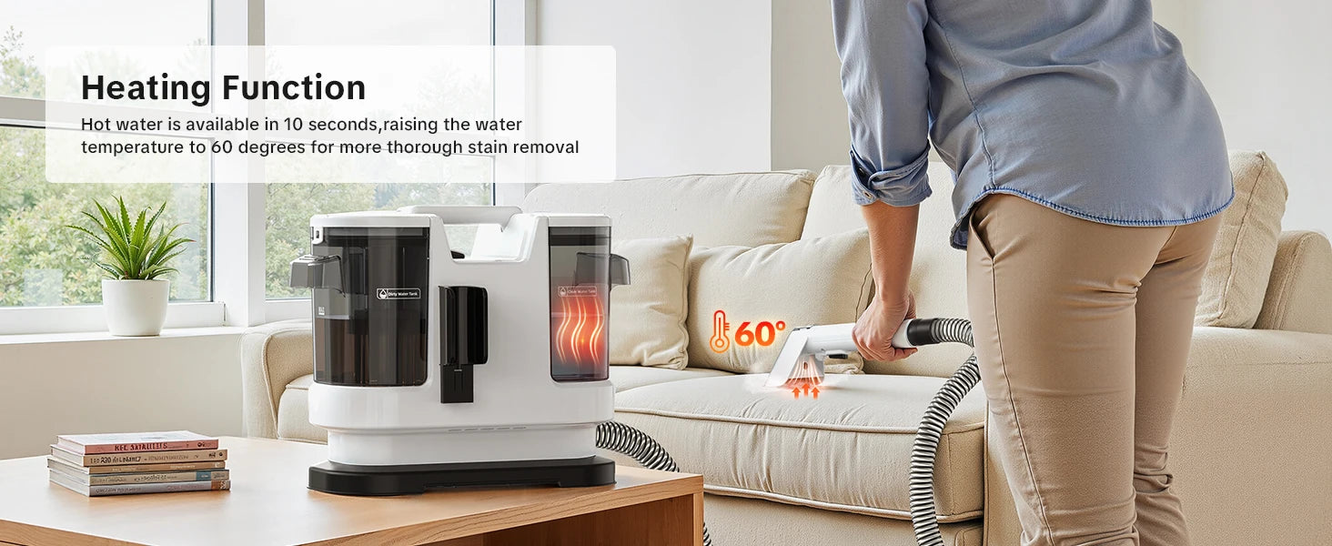 De Lubbluelu V8 stofzuiger met witte behuizing en zwarte flexibele slang, voorzien van een transparante vuil- en waterreservoir, is speciaal ontworpen