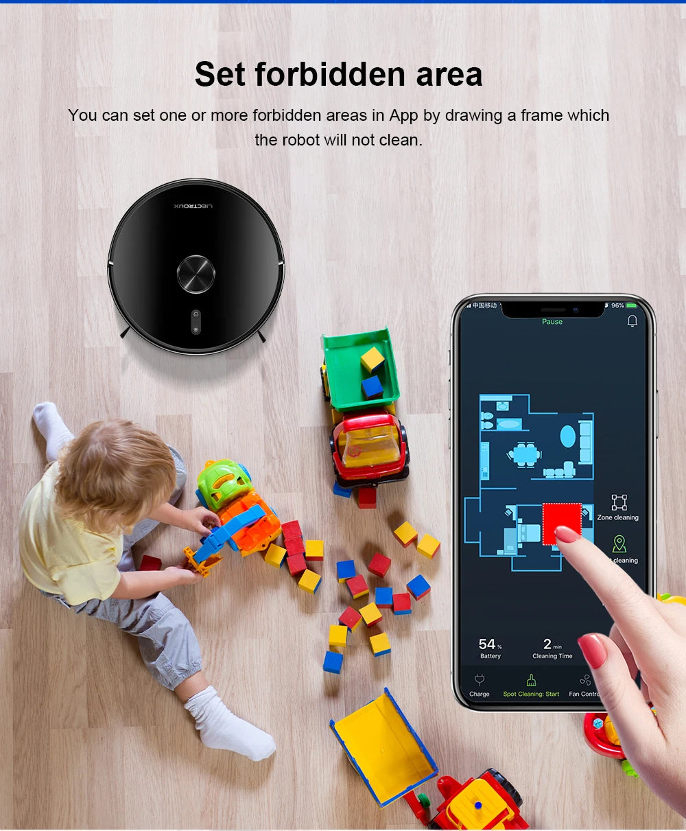 Zwart, glanzend robotstofzuiger met zichtbare bedieningsknoppen en een smartphone-app voor huishoudelijke schoonmaak. Ideaal voor automatische vloer- 