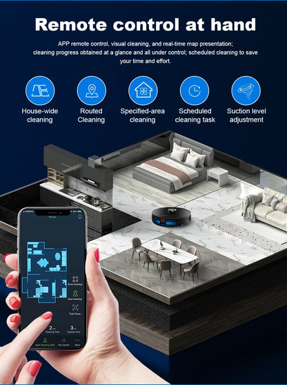 Zwart, glanzend robotstofzuiger met zichtbare bedieningsknoppen en een smartphone-app voor huishoudelijke schoonmaak. Ideaal voor automatische vloer- 