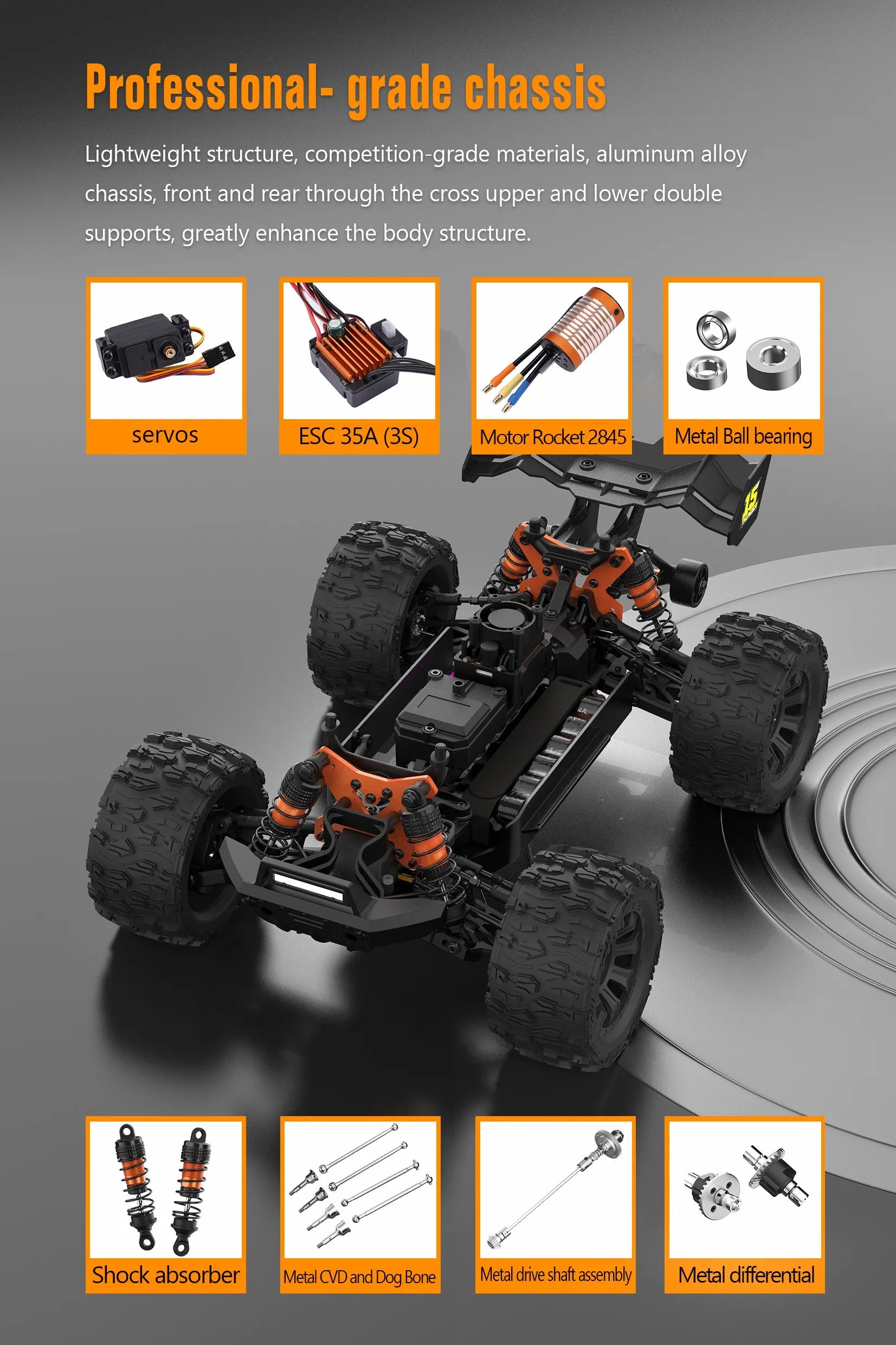 Blauwe JIUSI MT14R 1/14 RC-raceauto met zwarte banden en “STORM”- en “THUNDER”-afbeeldingen, geschikt voor speelgoedraces en buitenactiviteiten. Perfe