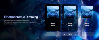 De XREAL 1S AR-bril in donkerblauw met zwart frame, geleverd met oplader, beschermhoes en handleiding, geschikt voor mobiele virtuele realiteit en gam