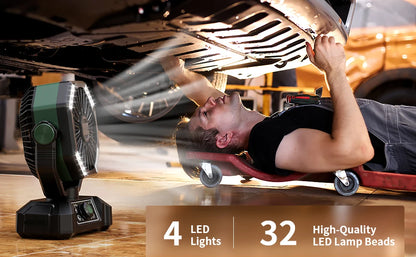 Zwarte en oranje outdoor camping ventilator met 4 LED-verlichting en draaibare standaard, uitgerust met slimme afstandsbediening voor gebruik op kampe