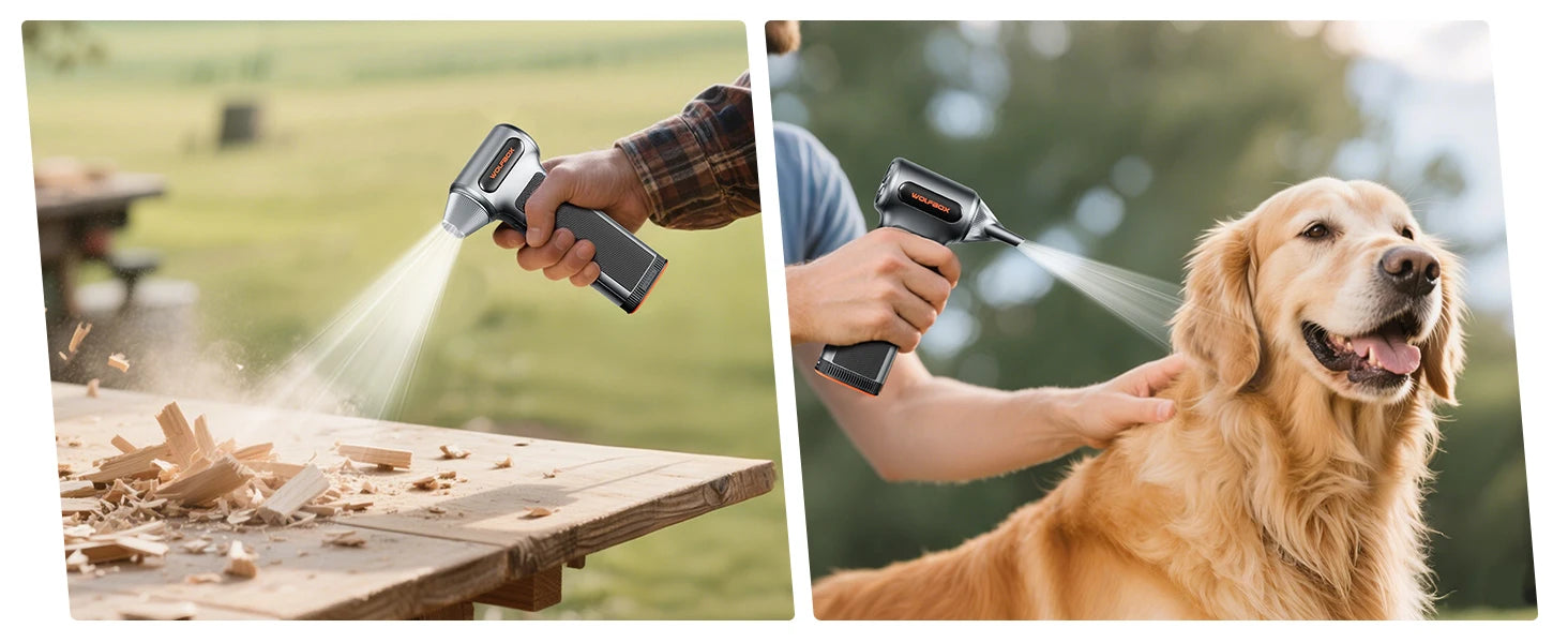 De Wolfbox MF200 luchtstofzuiger in zwart met oranje accenten, inclusief borstel, zachte borstel, opbergzak en drie metalen uitschuifbare tips, geschi