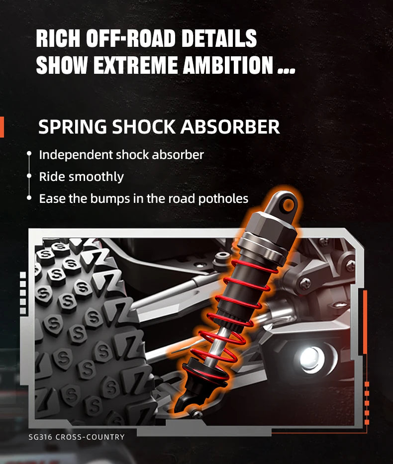 Zwart met rode accenten RC terreinwagen met grote knipperende LED-verlichting, inclusief stuur, batterijen en opbergzak voor off-road speelplezier. Ge