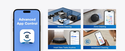 EcoVacs robotstofzuiger met zwart glanzend ontwerp en zichtbare blauwe mop, naast zijn automatische oplader voor efficiënte vloerreiniging in moderne 