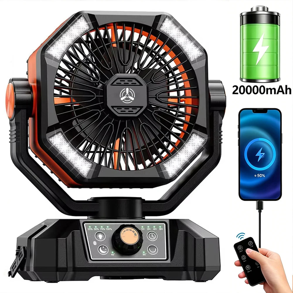 Zwarte en oranje outdoor camping fan met 4 LED-lampjes en draaibare kop, uitgerust met slimme afstandsbediening voor gebruik op kampeerplaatsen of bij