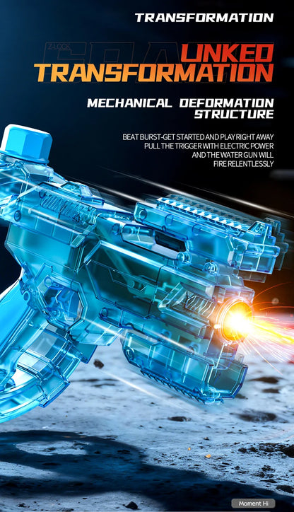 De elektrische waterpistool Shark MK-1 heeft een transparante, futuristische constructie met een donkerblauwe grip en een opvallende oranje uitlaat. H