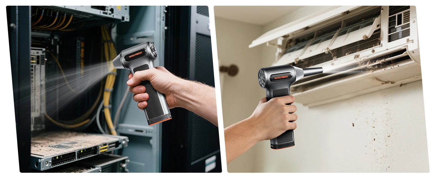 De Wolfbox MF200 air duster in zwart met zilveren accenten, inclusief borstel, zachte borstel, opbergzak en drie accessoires, geschikt voor het schoon