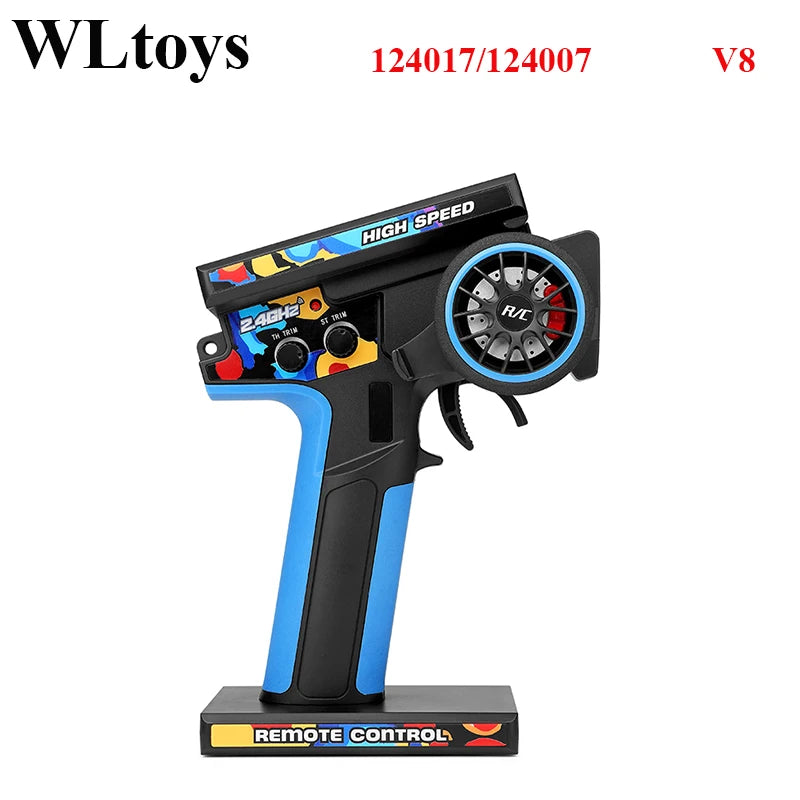 WLtoys Zealot 1:12 4WD RC-raceauto met blauw-wit camouflage, zichtbare schokdempers en rubberen banden, geschikt voor indoor en outdoor racen op zacht