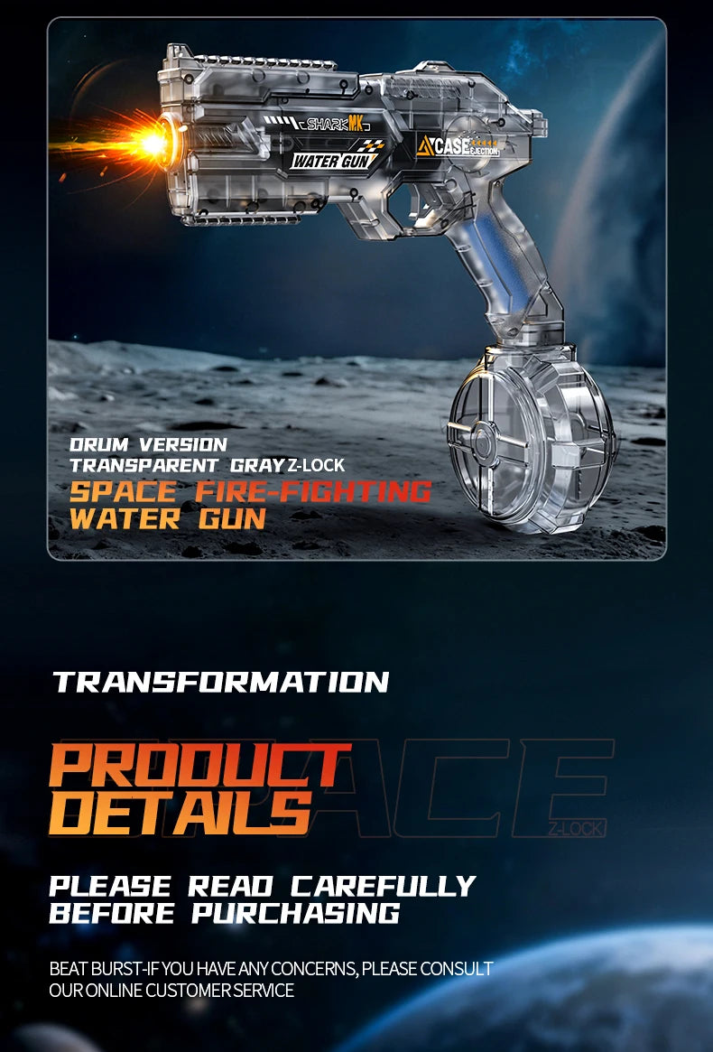 De elektrische waterpistool Shark MK-1 heeft een transparante, futuristische constructie met een opvallende oranje uitlaat en een grote, mechanische l