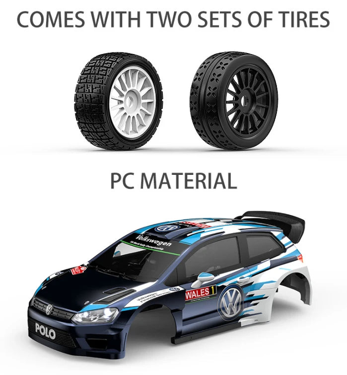 Een 1:7 schaalmodel van een Volkswagen Polo rallyauto, met blauw-wit livery en zichtbare details zoals de wielophanging en de 'NALES 1' sponsorsticker