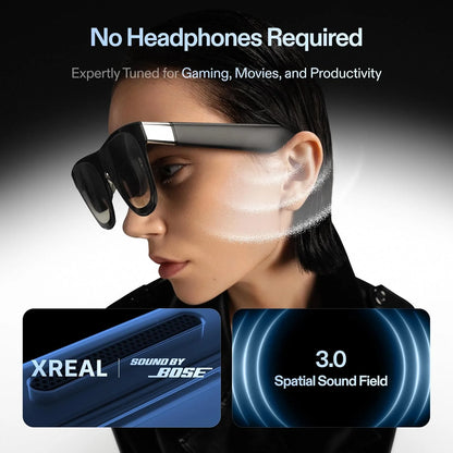 Zwart XREAL One Pro AR-bril met glanzende glazen en zichtbare merknaam, uitgerust voor virtuele realiteit en mobiele gaming. Geschikt voor immersive e